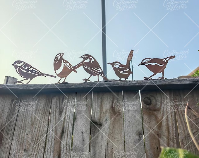 Set of 5 Rusty Metal Birds Stake, Outdoor Fence Birds Statue, Yard Iron Art, Handmade Metal Garden Decor, Garden & Patio Ornament, Metal Art
