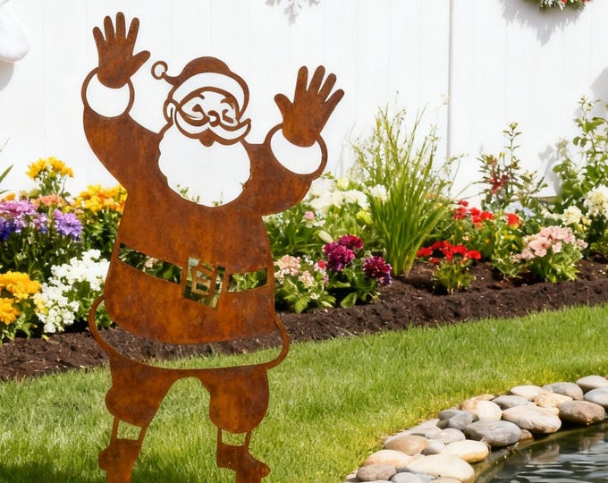 Rusty Metal Santa Claus Welcoming Yard Stake - Christmas Garden Art