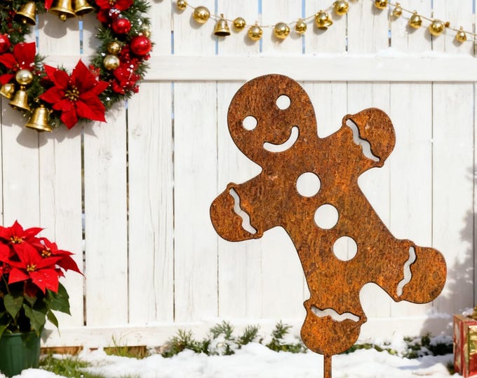Rustic Metal Gingerbread Man Garden Stake, Rusted Iron Yard Art, Whimsical Christmas Lawn Decoration, Vintage Holiday Outdoor Decor