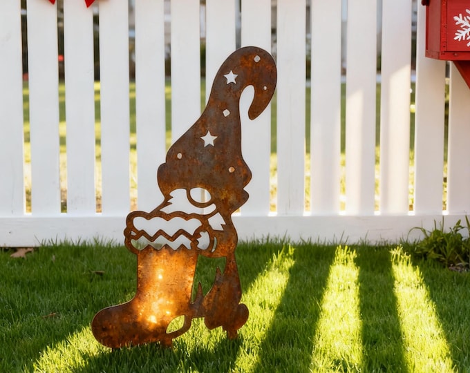Rusty Metal Gnome with Christmas Stocking, Vintage Rusted Gnome Garden Stake, Yule Rusty Stocking Gnome Statue, Vintage Christmas Yard Art,