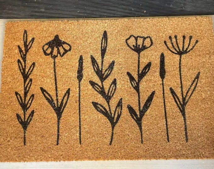 Wild Flower Door Mat, Personalized Gift, Custom Door Mat For Front Door, Painted Doormat For Housewarming Gift