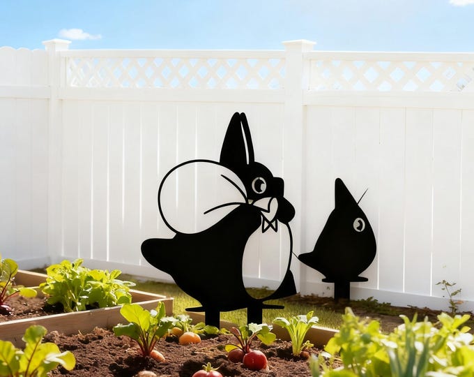 Black or Rusty Metal Giant and Chibi Totoro Garden Stake---Studio Ghibli Statue Yard Art