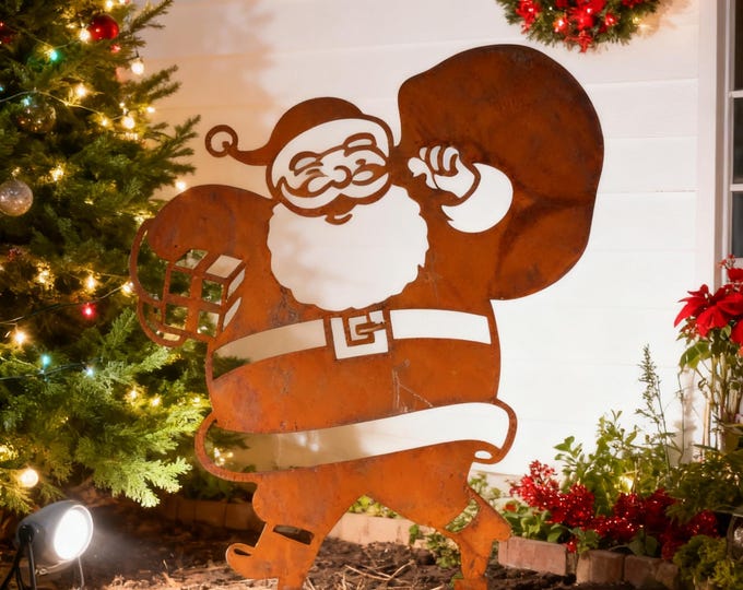 Rustic Metal Santa Claus Garden Stake, Vintage Christmas Yard Art, Santa with Sack and Gift Outdoor Decor