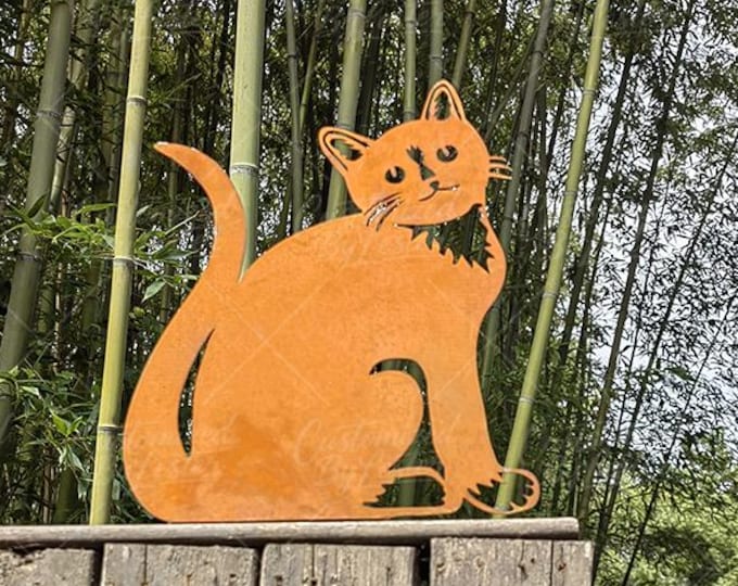 Whimsical Rusty Metal Cat Fence Stake, Rusted Tilted Head Metal Cat Stake, Unique Garden Fence Decor, Outdoor Cat Lover Gift, Cat Ornament