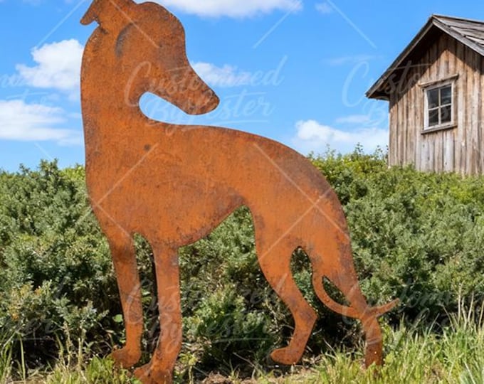 Rusty Metal Greyhound Garden Stake, Elegant Outdoor Yard Art, Sleek Greyhound Sculpture, Rustic Farmhouse Decor, Rusty Greyhound Silhouette