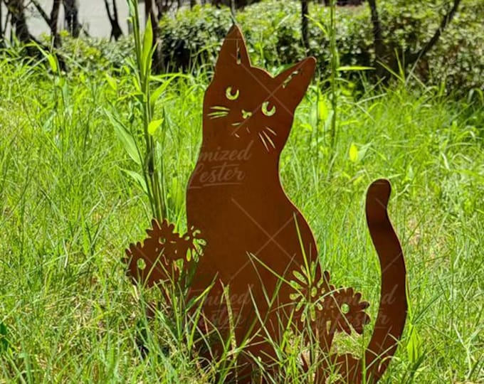 Rusty Metal Garden Stake, Whimsical Curious Cat Peeking from Flowers, Outdoor Yard Art, Handmade Rust Finish Sculpture, Cat Garden Decor