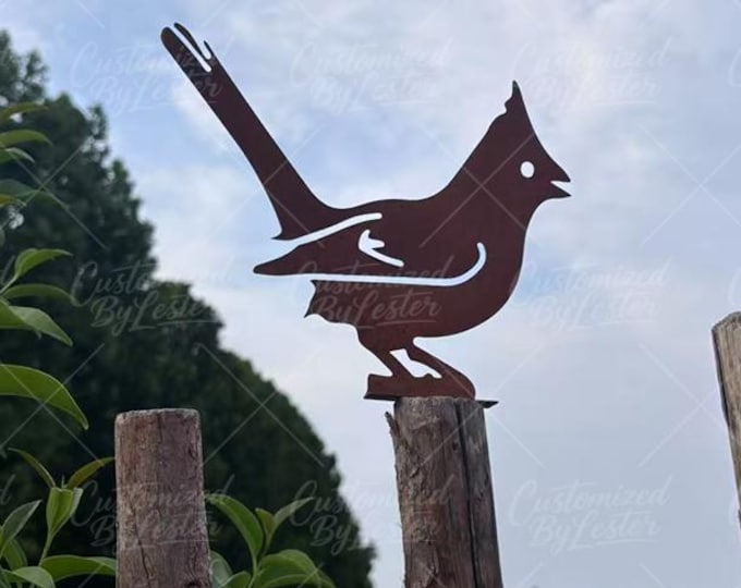 Rusty Metal Cardinal Bird Stake, Chirping Bird Sculpture, Singing Cardinal with Open Beak Statue,  Rust-Finished Garden Sculpture Garden Art