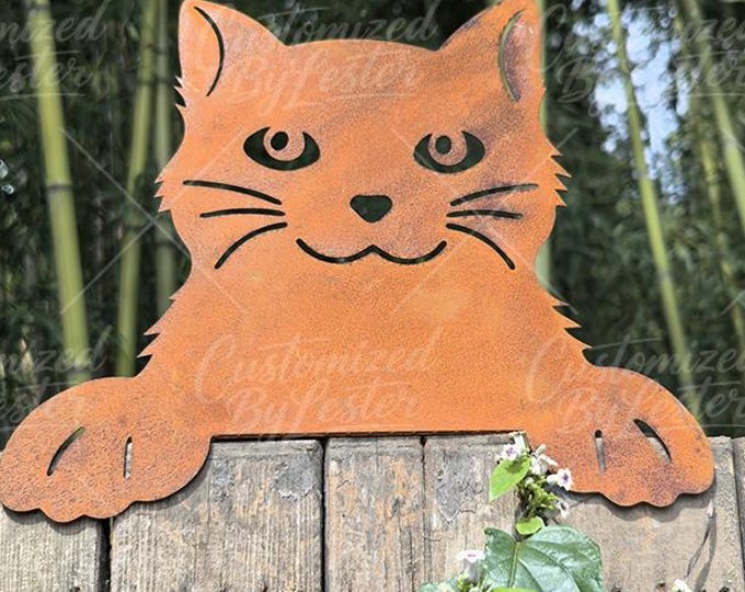 Smiling Rusty Metal Cat Fence Topper, Rustic Kitty Fence Stake, Whimsical Cat Garden Guardian Decor, Gifts for Cat Lover, Garden Ornament