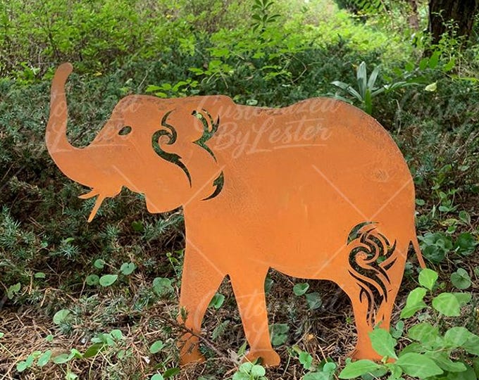 Rusty Metal Elephant Garden Stake, Gentle Guardian Elephant Statue, Steel Elephant Sculpture with Rust Finish, Majestic Steel Yard Sculpture