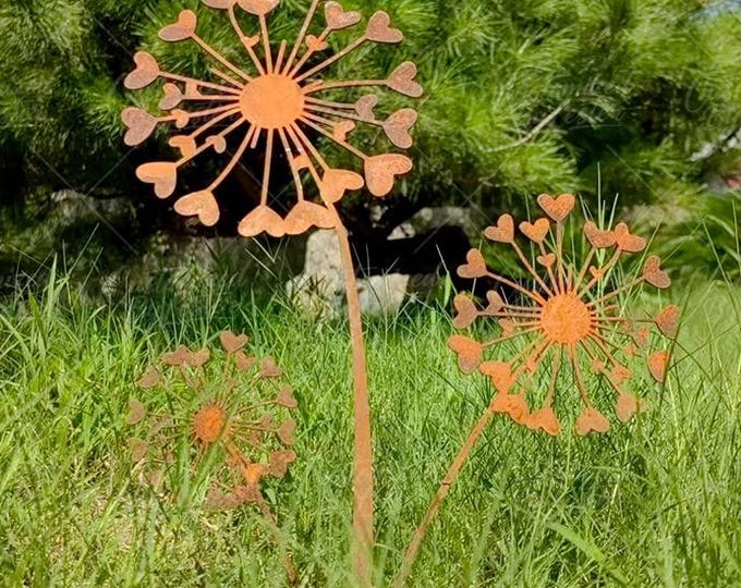 Rusty Metal Dandelion Garden Stake, Whimsical Yard Art, Rusty Flower Garden Statue, Pot Flower Decoration, Handcrafted Metal Garden Art