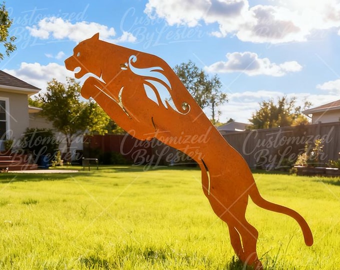 Rusty Metal  Leaping Leopard Garden Stake, Dynamic Metal Leopard Lawn Ornament, Iron Leaping Leopard Garden Art, Jumping Leopard Yard Art