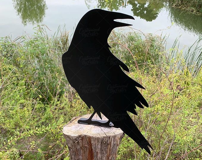 Black Crow Silhouette Garden Fence Stake, Outdoor Bird Metal Crow Garden Sculpture, Garden Tree Stake, Raven Crow Statue Metal Yard Art Gift