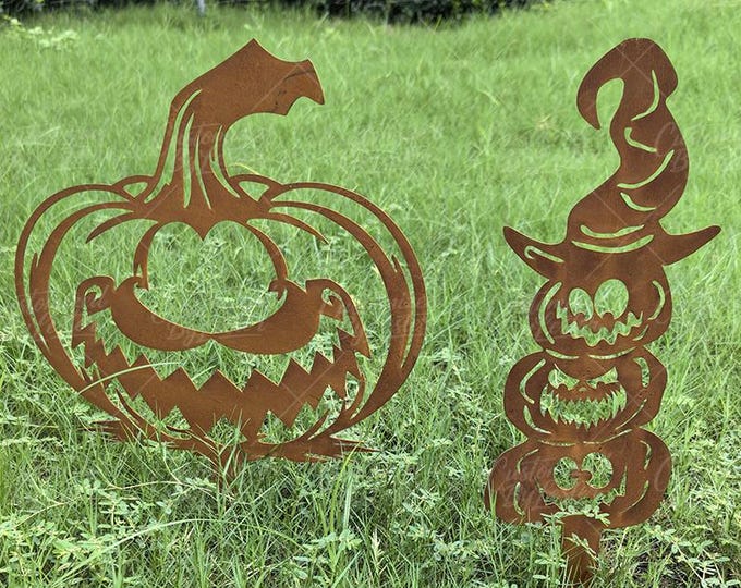 2 Piece Halloween Garden Decor Set, Outdoor Jack O'Lantern Stake, Set of 2 Rusty Metal Pumpkin Stakes, Halloween Yard Art, Pumpkin Statue