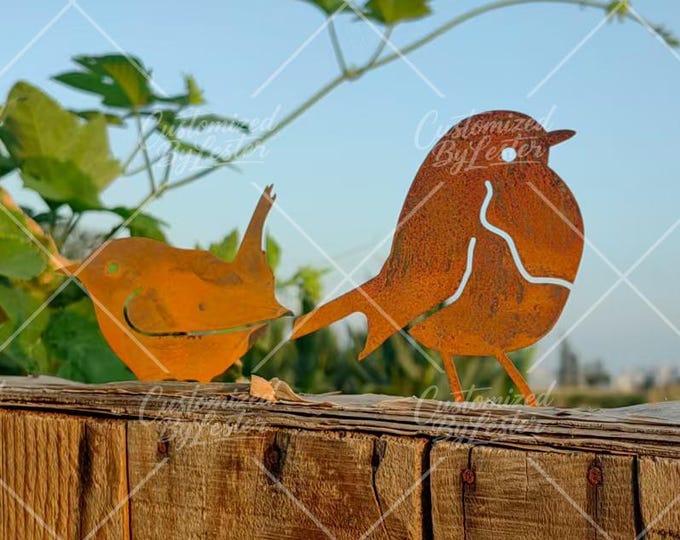 Set of 2 Rustic Birds Fence Stake, Vintage Garden Decor, Outdoor Plant Markers, Rusty Birds Lawn Stakes,  Bird Lover Gift, Patio Ornament