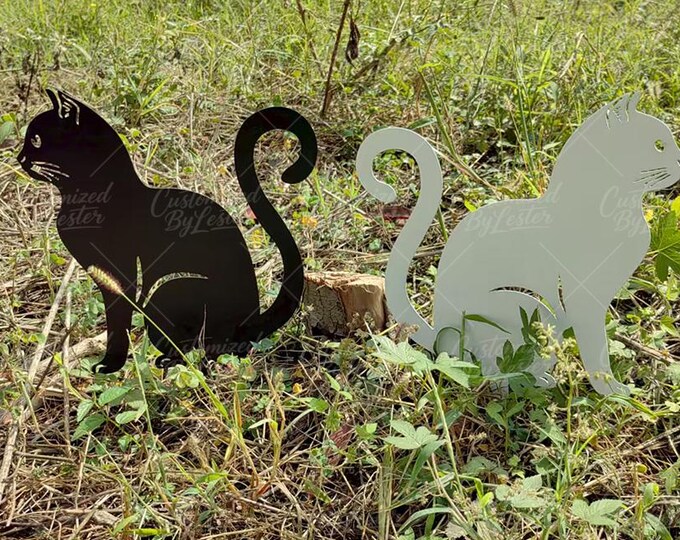 Elegant Black & White Metal Cat Garden Stake, Handmade Yard Art, Sleek White Outdoor Cat Sculpture, Sympathy Gift for Cat Owners