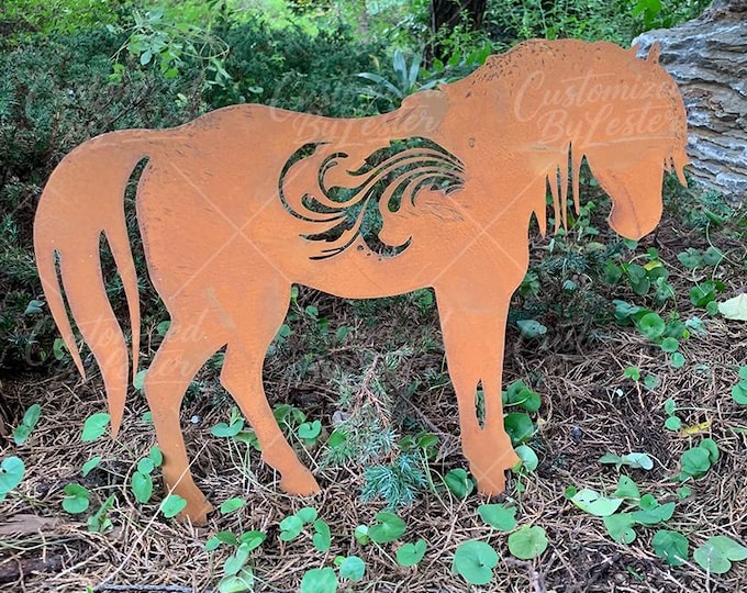 Rusty Long Hair Horse Garden Sculpture, Metal Steampunk Rusty Horse Garden Stake, Rust Finish Metal Horse Statue, Unique Horse Outdoor Decor
