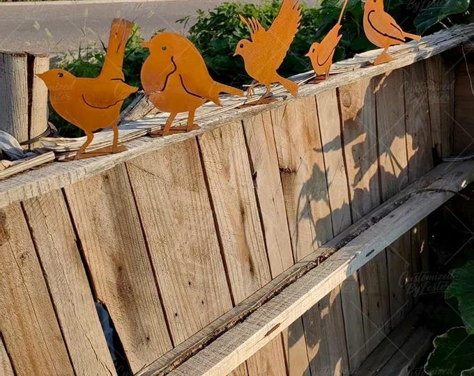 Set of 5 Rusty Metal Bird Stakes, Vintage Rust Finish Bird Sculptures, Metal Bird Silhouette,  Rustic Lawn Decor, Unique Housewarming Gift