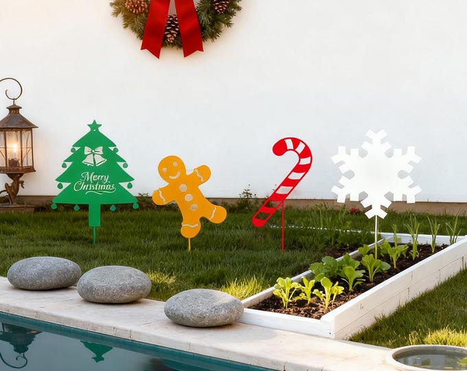 Set of 4 Christmas Garden Stakes, Christmas Tree, Candy Cane, Snowflake, Gingerbread Man Yard Art, Festive Lawn Decorations
