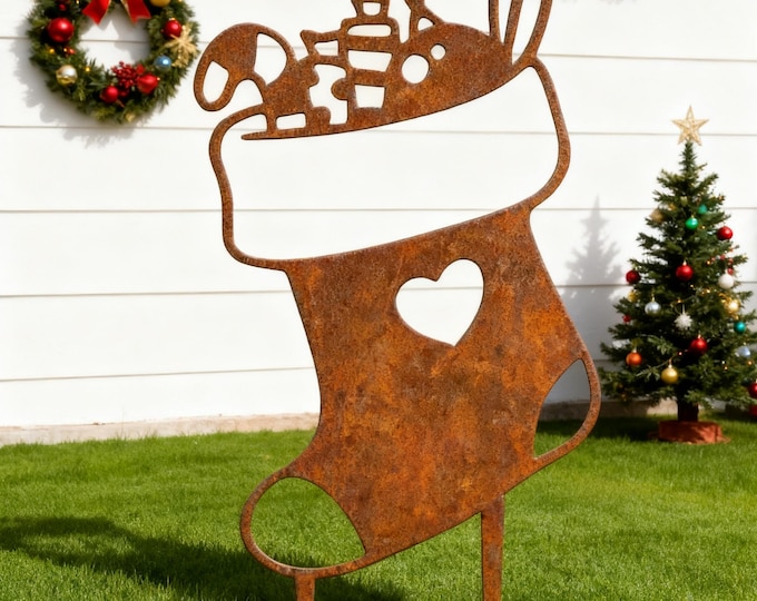 Rustic Metal Christmas Stocking Stake, Rusty Metal Yule Stocking Yard Stake, Christmas Stake for Holiday Lawn Decoration, Metal Yard Art