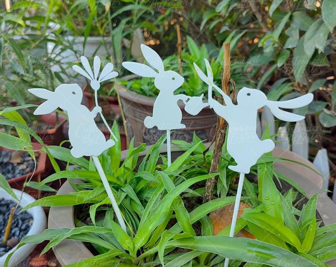Set of 3 Adorable White Rabbit Garden Stake, Whimsical Flowerpot Markers, Outdoor Yard Decor, White Rabbit Plant Markers, Easter Gift