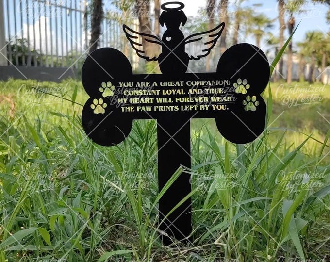 Black Metal Angel Dog Bone Memorial Stake, Black Metal Pet Sympathy Gift, Pet Grave Marker, Pet Loss Gift, Rusty Garden Memorial for Dogs