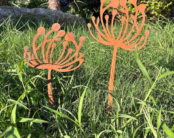 Set of 2 Rustic Metal Dandelion Stake, Set of 2 Vintage Dandelion Garden Art, Metal Garden Pot Decor,  Gift for Gardener, Garden Flower Art