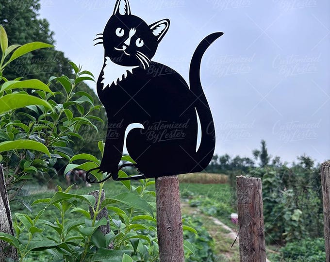 Black Metal Cat Fence Stake, Outdoor Kitty Sculpture Yard Art, Modern Garden Sculpture, Cat Silhouette Outdoor Decor, Cat Themed Garden Art