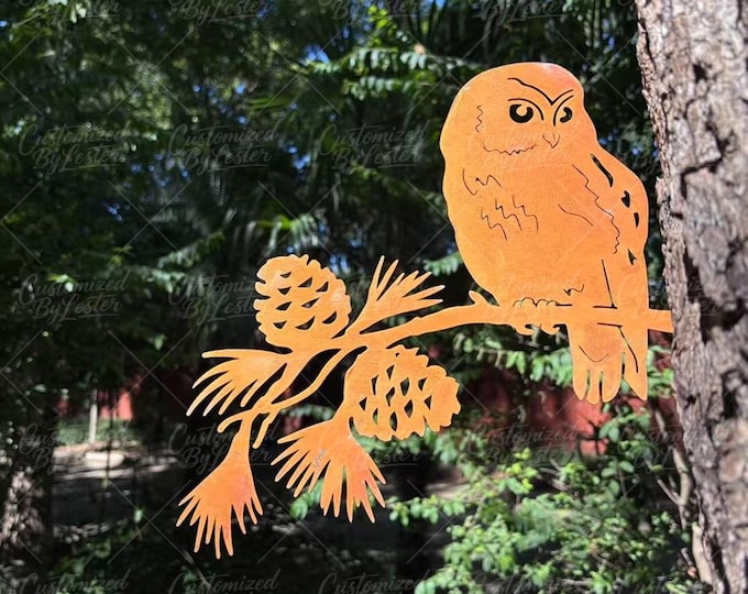 Rusty Owl on Acorn Branch Tree Stake, Rust Art Metal Owl Silhouette Garden Decor, Bird Lover Gift, Aged Iron Owl Stake Art, Farmhouse Gift