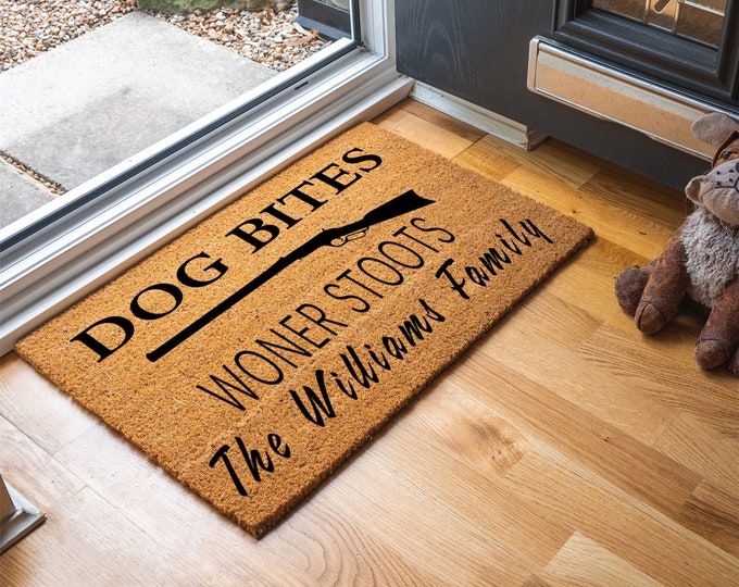 Dog Bites Owner Shoots Gun Doormat, Caution Doormat, Home Decor, Simple, For Front Door, Housewarming Gift