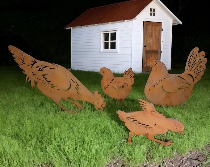 Set of 4 Rooster, Hen and 2 Chicks, Rusty Metal Chicken Family Garden Stakes,Vintage Yard Art, Outdoor Decor, Rusty Metal Chickens Stake Art