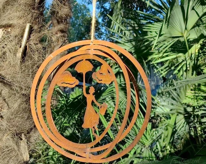 Rustic Mary Poppins Wind Chime, Whimsical Garden Ornament, Rusty Metal Floating Wind Chime Garden Decor, Metal Garden Mary Poppins Ornament