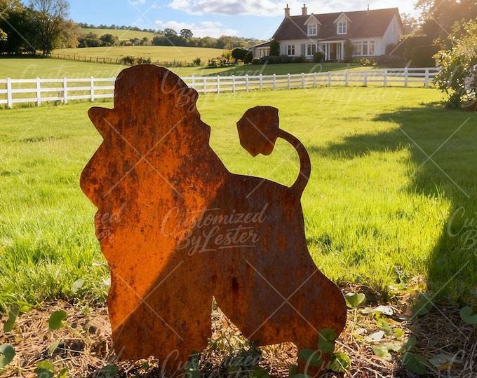 Rusty Metal Poodle Garden Stake, Elegant Poodle Sculpture, Curly Haired Dog Sculpture, Rustic Farmhouse Decor, Metal Elegant Dog Statue,