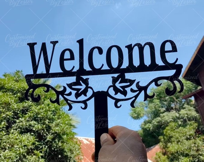 Black Metal Welcome Garden Stake Sign, Minimalist Black Welcome Garden Art, Outdoor Entryway Decor,  Black Steel Yard Stake, Patio Decor