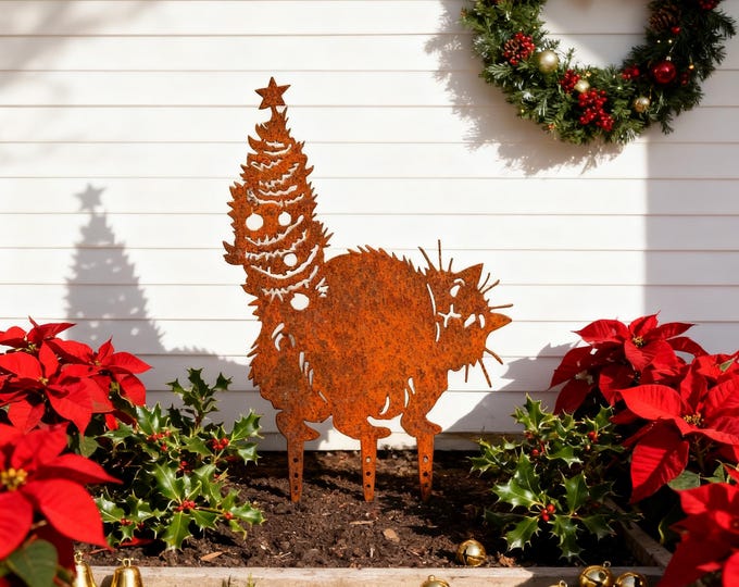 Christmas Cat Garden Stake, Rustic Metal Feline with Tree Tail for Holiday & Year-Round Decor, Holiday Yard Art, Yule Tree Tail Cat Decor