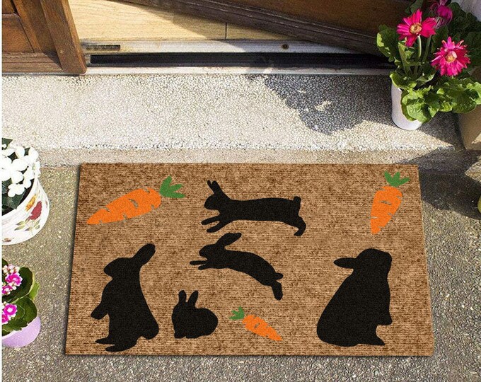 Little Rabbit Loves To Eat Holo Doormat, Funny Doormat, Personalized Gift, Custom Door Mat For Front Door, Painted Doormat