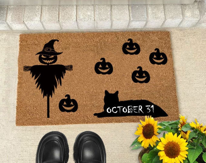 Pumpkin Doormat, Scarecrow Doormat, Cat Mat, Funny Doormat, Wedding Gift, Housewarming Gift, Home Doormat, Welcome Mat, Closing Gift