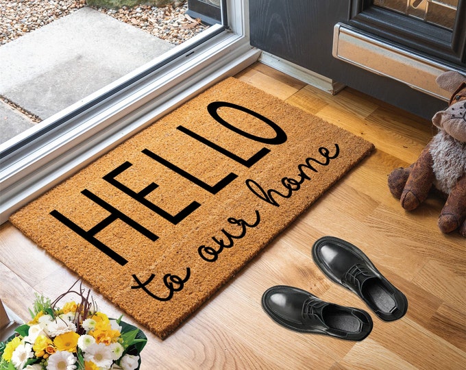 Hello To Our Home Doormat, Personalized Custom Doormat, Personalized Gift, Painted Doormat For Housewarming Gift
