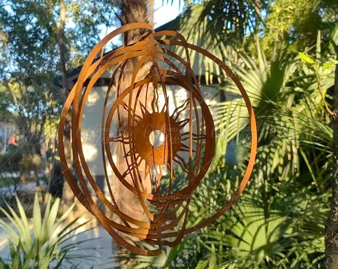Rusty Metal Sun Floating Wind Chime Decor,Rustic Solar System Sun Wind Chime, Garden Ornament, Rust Metal Hanging Sculpture, Unique Gifts