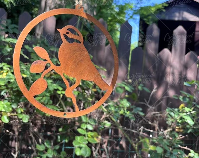 Rusty Sparrow on Branch Circle Wall Art, Metal Bird Garden Decor, Outdoor Patio Medallion, Handmade Rusty Songbird Perching Sculpture