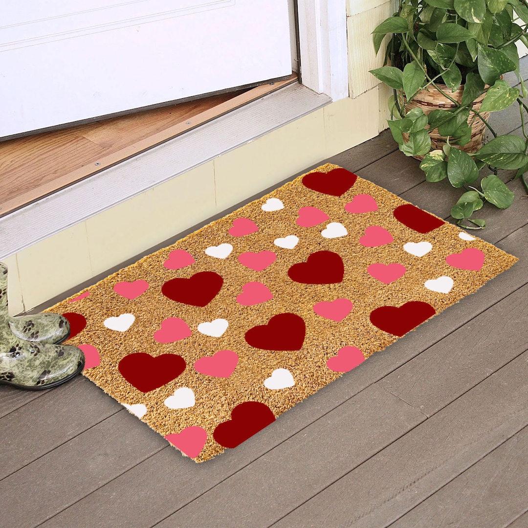 Red White and Pink Heart Pattern Doormat Spring Door Mat, Summer Door