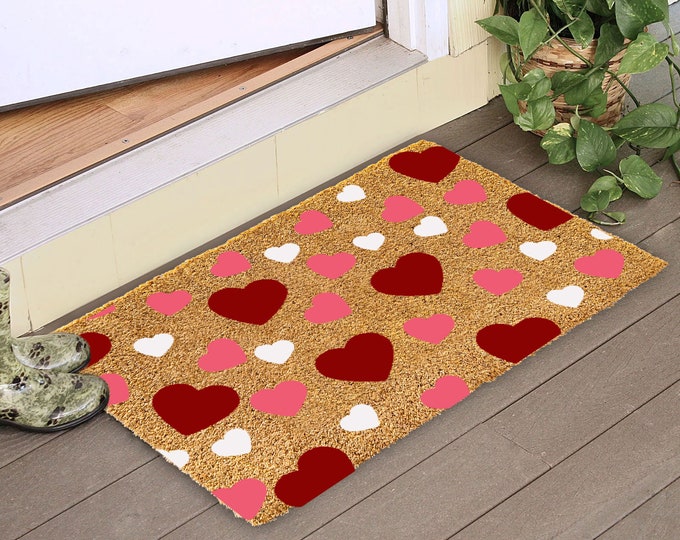 Red White and Pink Heart Pattern Doormat Spring Door Mat, Summer Door Mat, Front Door Mat, Outdoor Rug, Cute Doormat