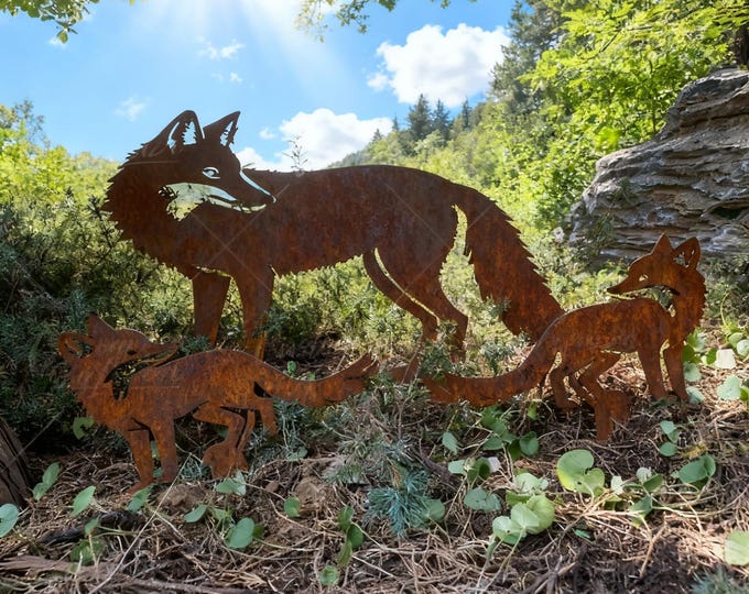 Set of Three Rusty Metal Fox Garden Stakes, Handmade Rust Finish Fox Sculpture Garden Stakes, Set of 3 Wildlife Yard Art, Metal Fox Family