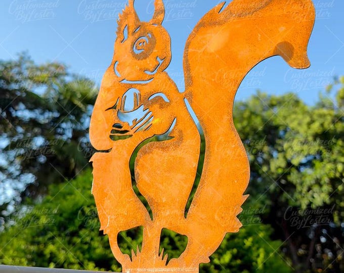 Rusty Metal Squirrel Holding Acorn Tree Stake, Whimsical Squirrel Yard Art, Handmade Garden Sculpture, Outdoor Art Decor Gifts for Mom
