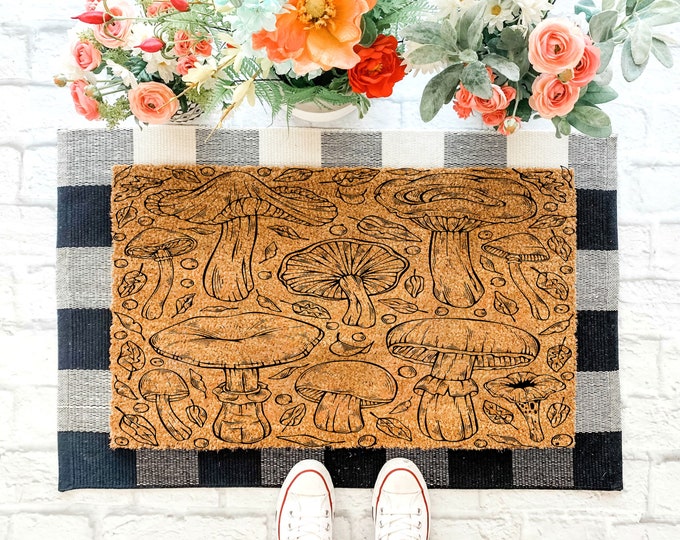 Mushroom Doormat, Mushrooms Door Mat, Woodland Decor, Forest Plants Cute Mat Gift, Housewarming Gift, Host Hostess Realtor, Mushroom Lover