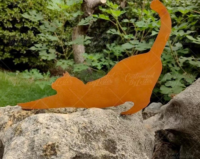 Rusty Metal Stretching Cat Tree Stake, Handmade Cat Garden Sculpture, Vintage Yard Art, Durable Metal Tree Decor, Unique Outdoor Gift