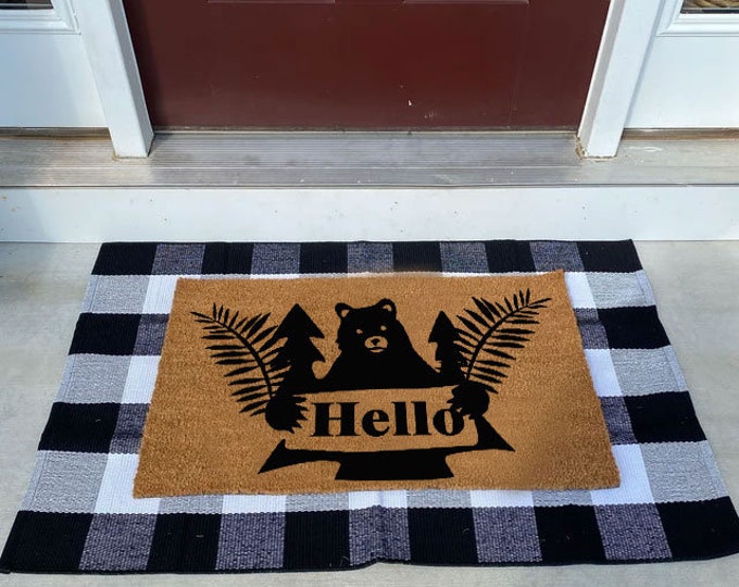 Hello Doormat, Plant Doormat, Hugging Bear Doormat, Personality Front Door Mat, Custom Printed First Home, Natural Coir