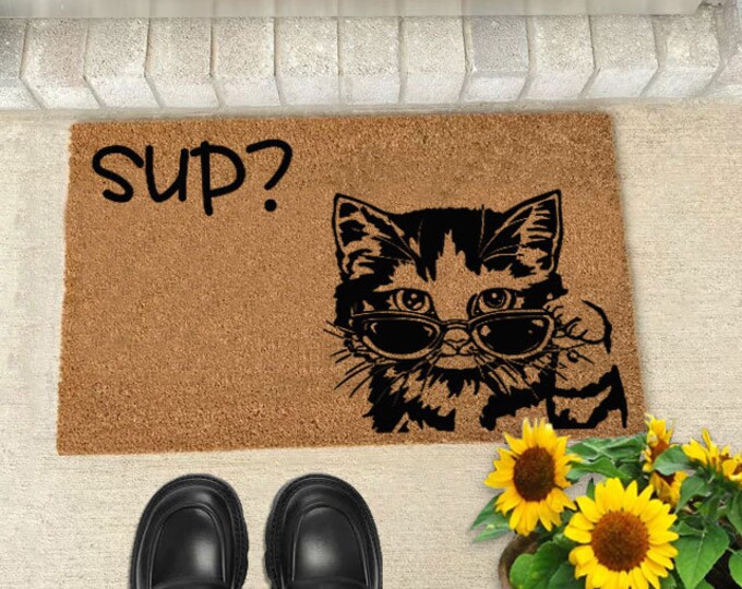 Sup? Cute Cat Doormat, Funny Doormat, Custom Door Mat For Front Door, Personalized Doormat, Painted Doormat For Housewarming Gift