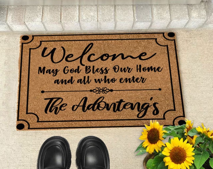 May God Bless Our Home Custom Door Mat, Welcome Mat, Personalized Custom Doormat, Painted Doormat For Housewarming Gift
