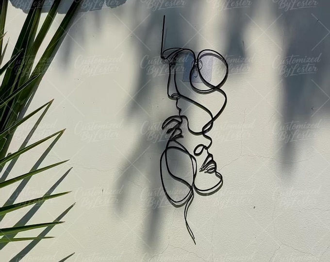 Black Metal Wire Face Wall Art, Modern Linear Sculpture, Handmade Industrial Decor, Unique Home Office Gift, Modern Iron Face Decor
