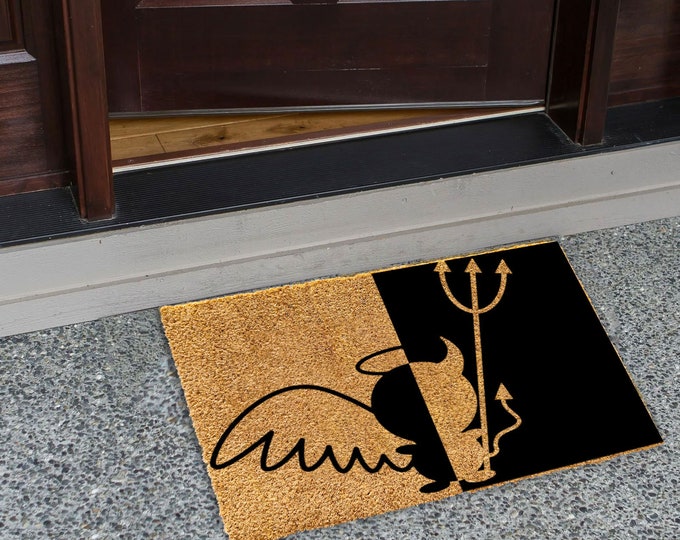 Angels And Demons Doormat, Welcome Mat, Personalized Custom Doormat, Painted Doormat For Housewarming Gift